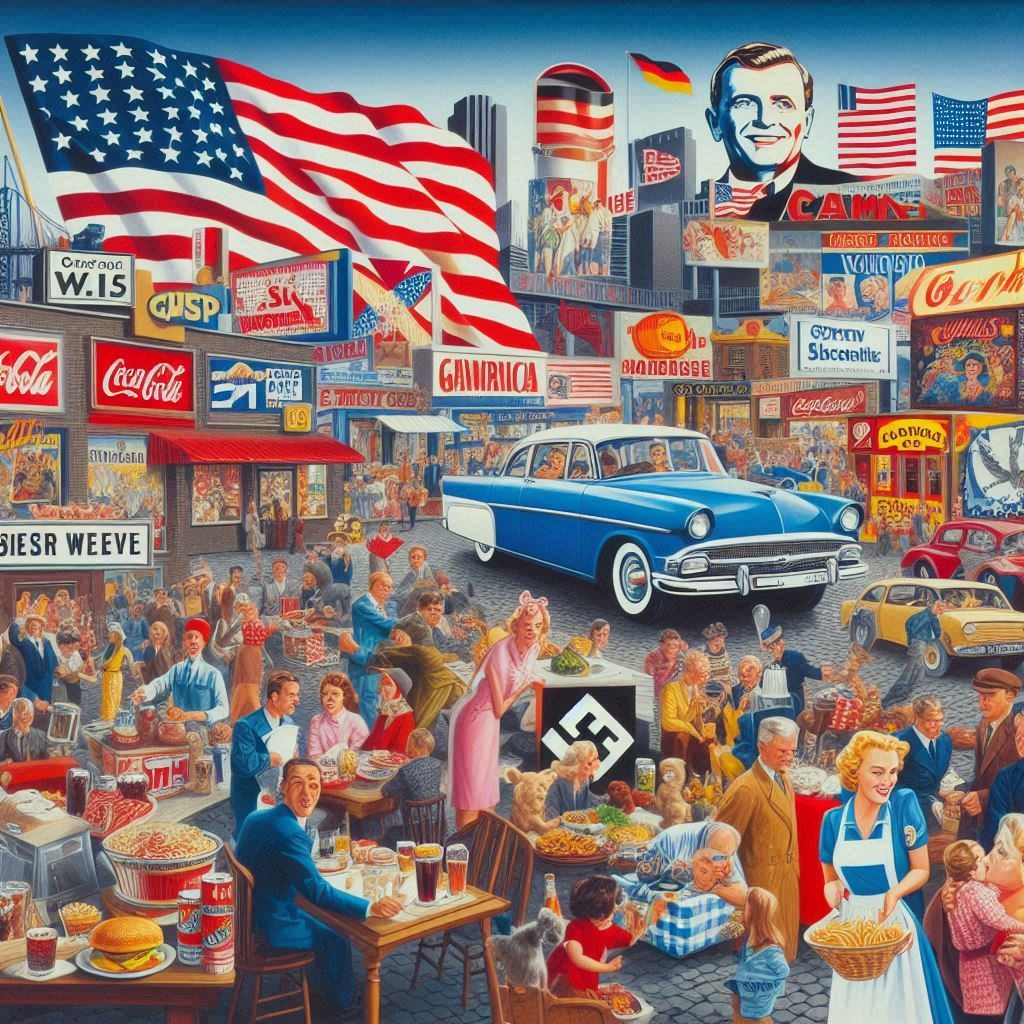 A collage of iconic American advertising images (e.g., billboards, TV commercials) juxtaposed with images representing German culture (e.g., Brandenburg Gate, Oktoberfest)