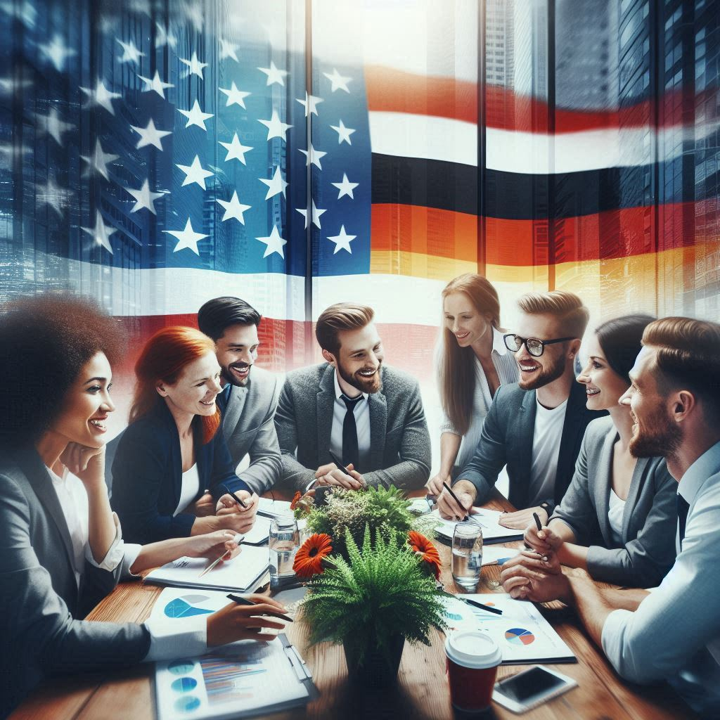 A diverse group of marketing professionals collaborating around a table, with a mix of American and German flags in the background.